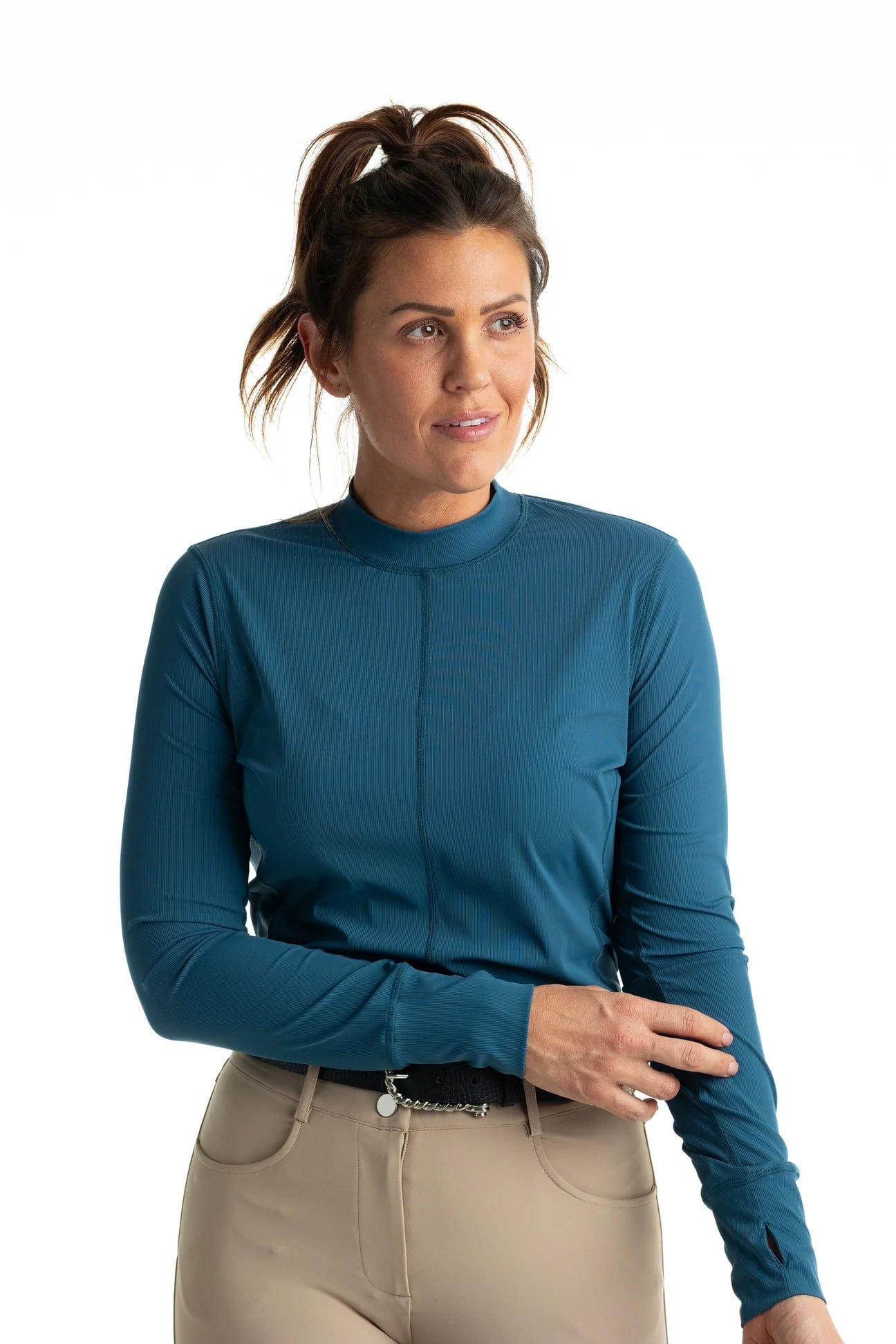Hannah Childs top Deep Sea / XS Hannah Childs- Cameron Rib Mock Neck Performance Top equestrian team apparel online tack store mobile tack store custom farm apparel custom show stable clothing equestrian lifestyle horse show clothing riding clothes Hannah Childs- Cameron Rib Mock Neck Performance Top horses equestrian tack store