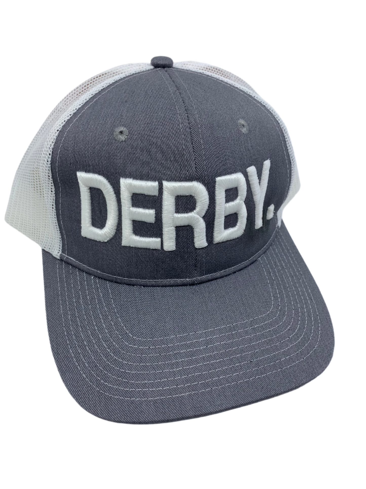 Equestrian Team Apparel Custom Team Hats Light Grey/White Trucker Cap-DERBY. equestrian team apparel online tack store mobile tack store custom farm apparel custom show stable clothing equestrian lifestyle horse show clothing riding clothes horses equestrian tack store
