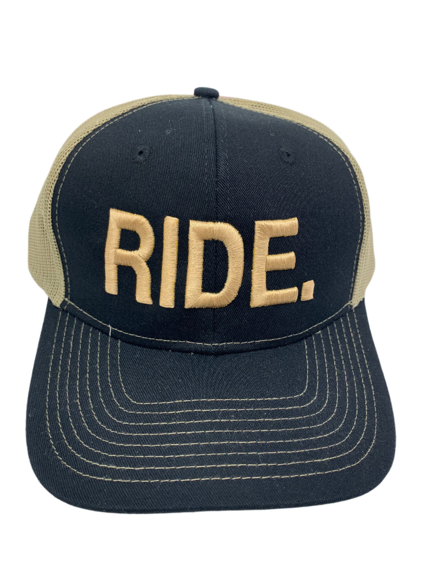 Equestrian Team Apparel Custom Team Hats Black/Khaki Trucker Cap-RIDE. equestrian team apparel online tack store mobile tack store custom farm apparel custom show stable clothing equestrian lifestyle horse show clothing riding clothes horses equestrian tack store