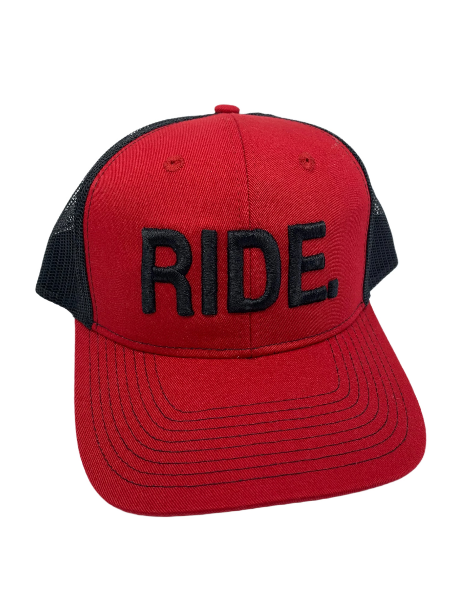 Equestrian Team Apparel Custom Team Hats Red/Black Trucker Cap-RIDE. equestrian team apparel online tack store mobile tack store custom farm apparel custom show stable clothing equestrian lifestyle horse show clothing riding clothes horses equestrian tack store