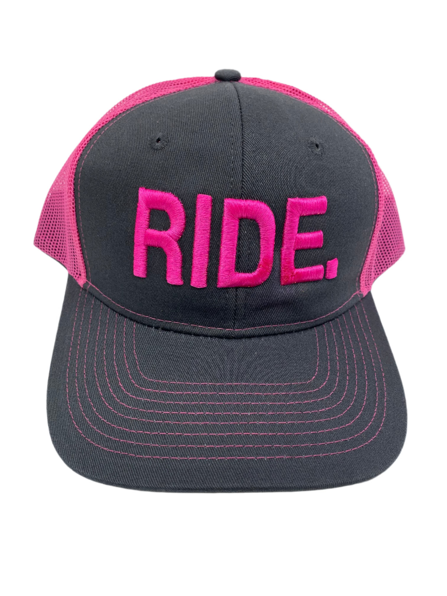 Equestrian Team Apparel Custom Team Hats Gray/Pink Trucker Cap-RIDE. equestrian team apparel online tack store mobile tack store custom farm apparel custom show stable clothing equestrian lifestyle horse show clothing riding clothes horses equestrian tack store