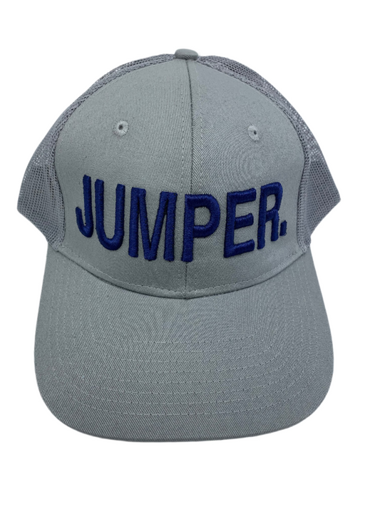 Equestrian Team Apparel Custom Team Hats Grey Trucker Cap-JUMPER. equestrian team apparel online tack store mobile tack store custom farm apparel custom show stable clothing equestrian lifestyle horse show clothing riding clothes horses equestrian tack store