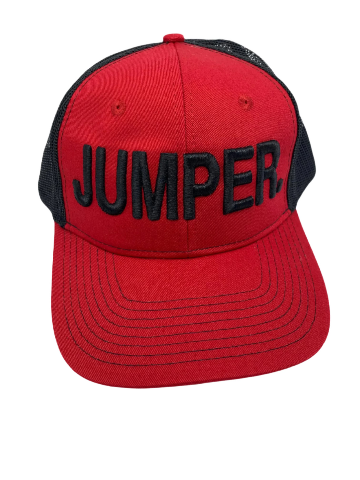Equestrian Team Apparel Custom Team Hats Red/Black Trucker Cap-JUMPER. equestrian team apparel online tack store mobile tack store custom farm apparel custom show stable clothing equestrian lifestyle horse show clothing riding clothes horses equestrian tack store