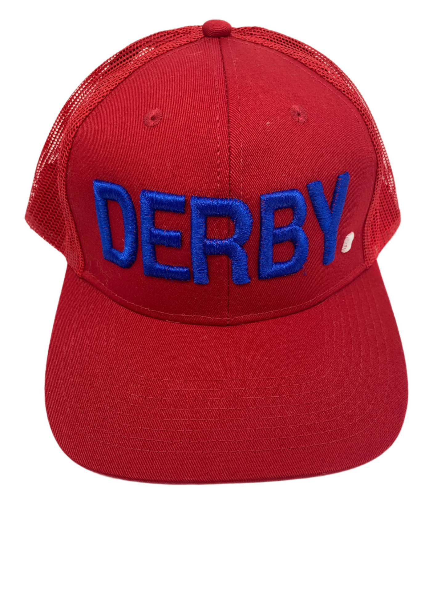 Equestrian Team Apparel Custom Team Hats Red/Blue/White Trucker Cap-DERBY. equestrian team apparel online tack store mobile tack store custom farm apparel custom show stable clothing equestrian lifestyle horse show clothing riding clothes horses equestrian tack store