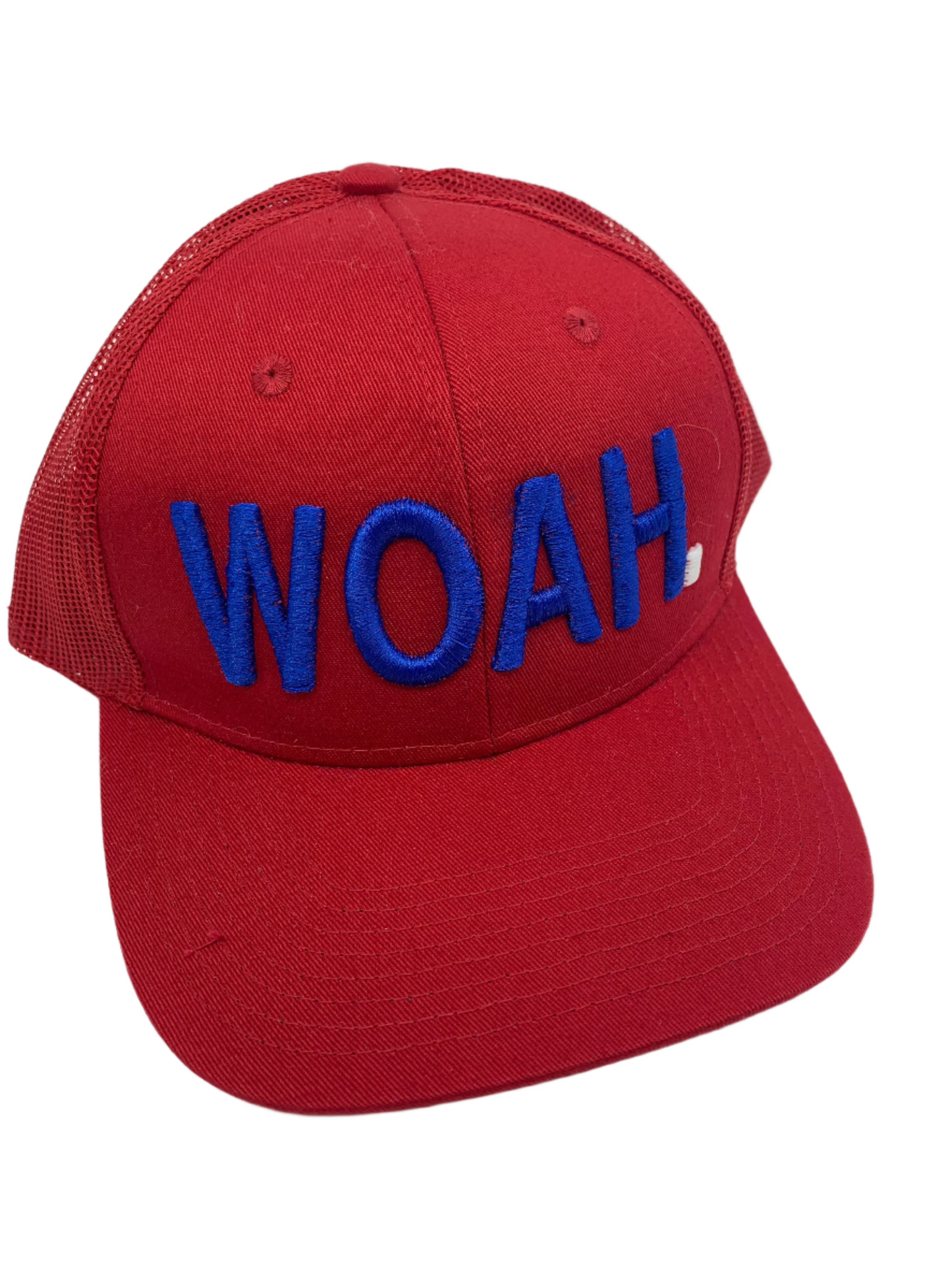 Equestrian Team Apparel Custom Team Hats Red/Blue/White Trucker Cap-WOAH. equestrian team apparel online tack store mobile tack store custom farm apparel custom show stable clothing equestrian lifestyle horse show clothing riding clothes horses equestrian tack store