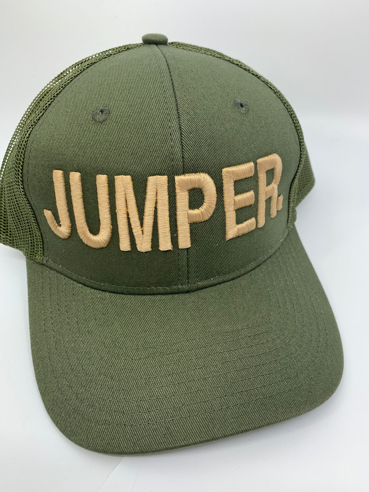 Equestrian Team Apparel Custom Team Hats Olive/Tan Trucker Cap-JUMPER. equestrian team apparel online tack store mobile tack store custom farm apparel custom show stable clothing equestrian lifestyle horse show clothing riding clothes horses equestrian tack store