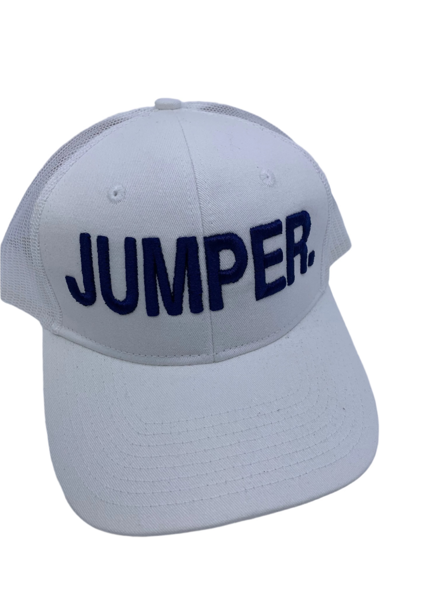 Equestrian Team Apparel Custom Team Hats White/Navy Trucker Cap-JUMPER. equestrian team apparel online tack store mobile tack store custom farm apparel custom show stable clothing equestrian lifestyle horse show clothing riding clothes horses equestrian tack store