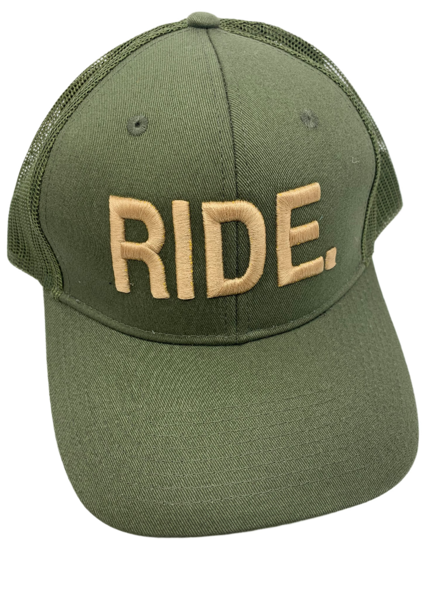 Equestrian Team Apparel Custom Team Hats Olive/Tan Trucker Cap-RIDE. equestrian team apparel online tack store mobile tack store custom farm apparel custom show stable clothing equestrian lifestyle horse show clothing riding clothes horses equestrian tack store