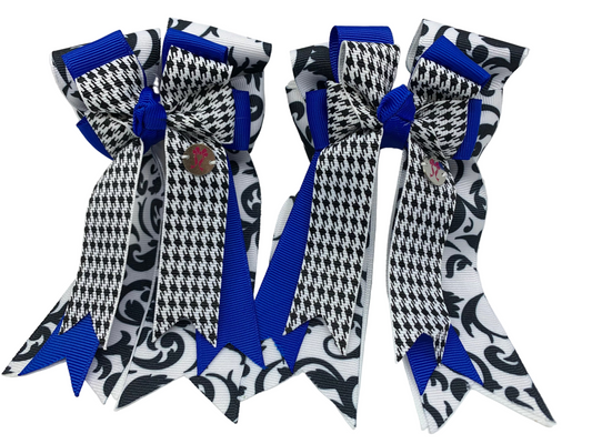 PonyTail Bows 3" Tails PonyTail Bows- Royal Blue/ B&W Damask equestrian team apparel online tack store mobile tack store custom farm apparel custom show stable clothing equestrian lifestyle horse show clothing riding clothes PonyTail Bows | Equestrian Hair Accessories horses equestrian tack store