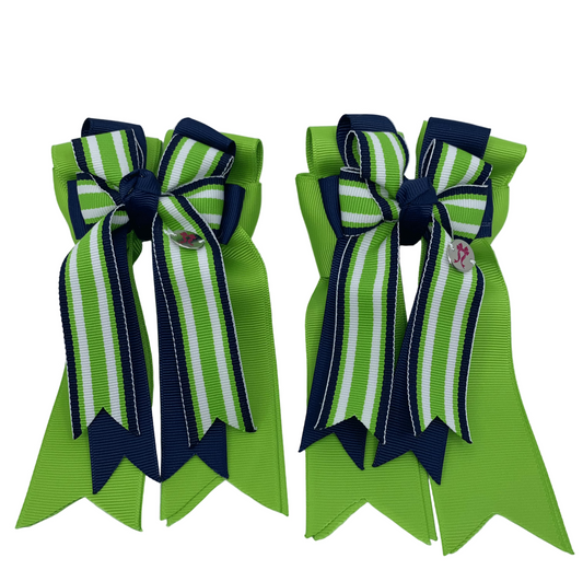 PonyTail Bows 3" Tails PonyTail Bows- Green Striped/Navy equestrian team apparel online tack store mobile tack store custom farm apparel custom show stable clothing equestrian lifestyle horse show clothing riding clothes PonyTail Bows | Equestrian Hair Accessories horses equestrian tack store