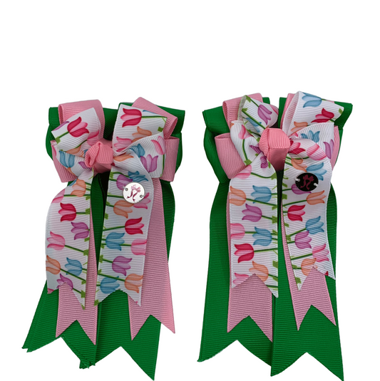 PonyTail Bows 3" Tails PonyTail Bows- Green Pink Tulips equestrian team apparel online tack store mobile tack store custom farm apparel custom show stable clothing equestrian lifestyle horse show clothing riding clothes PonyTail Bows | Equestrian Hair Accessories horses equestrian tack store
