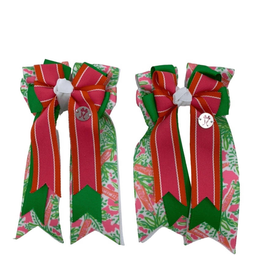 PonyTail Bows 3" Tails PonyTail Bows- Pink Green Design equestrian team apparel online tack store mobile tack store custom farm apparel custom show stable clothing equestrian lifestyle horse show clothing riding clothes PonyTail Bows | Equestrian Hair Accessories horses equestrian tack store