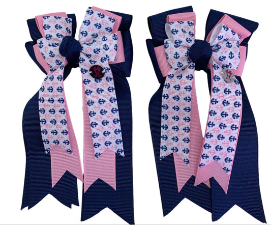 PonyTail Bows 3" Tails PonyTail Bows- Pink Navy Anchors equestrian team apparel online tack store mobile tack store custom farm apparel custom show stable clothing equestrian lifestyle horse show clothing riding clothes PonyTail Bows | Equestrian Hair Accessories horses equestrian tack store