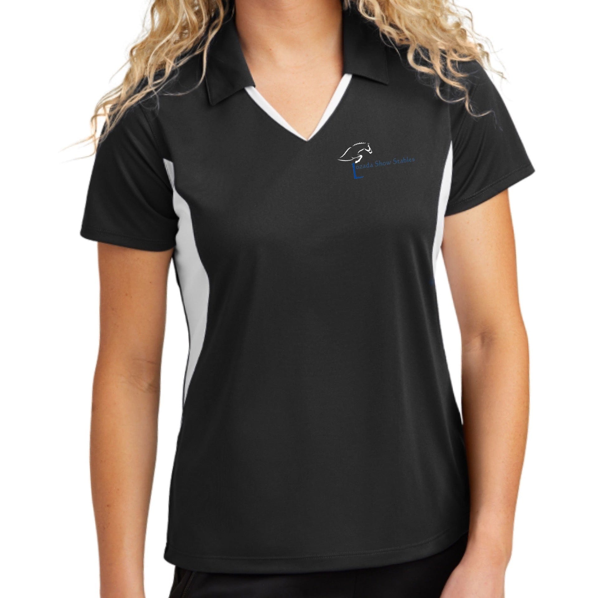Equestrian Team Apparel Ladies / XS / Two Tone Black/White Lozada Show Stables Polo Shirt equestrian team apparel online tack store mobile tack store custom farm apparel custom show stable clothing equestrian lifestyle horse show clothing riding clothes Lozada Show Stables Polo Shirt horses equestrian tack store