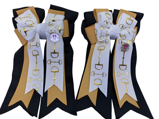 PonyTail Bows 3" Tails PonyTail Bows- White/Gold/Black Bits equestrian team apparel online tack store mobile tack store custom farm apparel custom show stable clothing equestrian lifestyle horse show clothing riding clothes PonyTail Bows | Equestrian Hair Accessories horses equestrian tack store