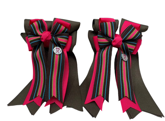 PonyTail Bows 3" Tails PonyTail Bows- Chocolate Pink Stripes equestrian team apparel online tack store mobile tack store custom farm apparel custom show stable clothing equestrian lifestyle horse show clothing riding clothes PonyTail Bows | Equestrian Hair Accessories horses equestrian tack store