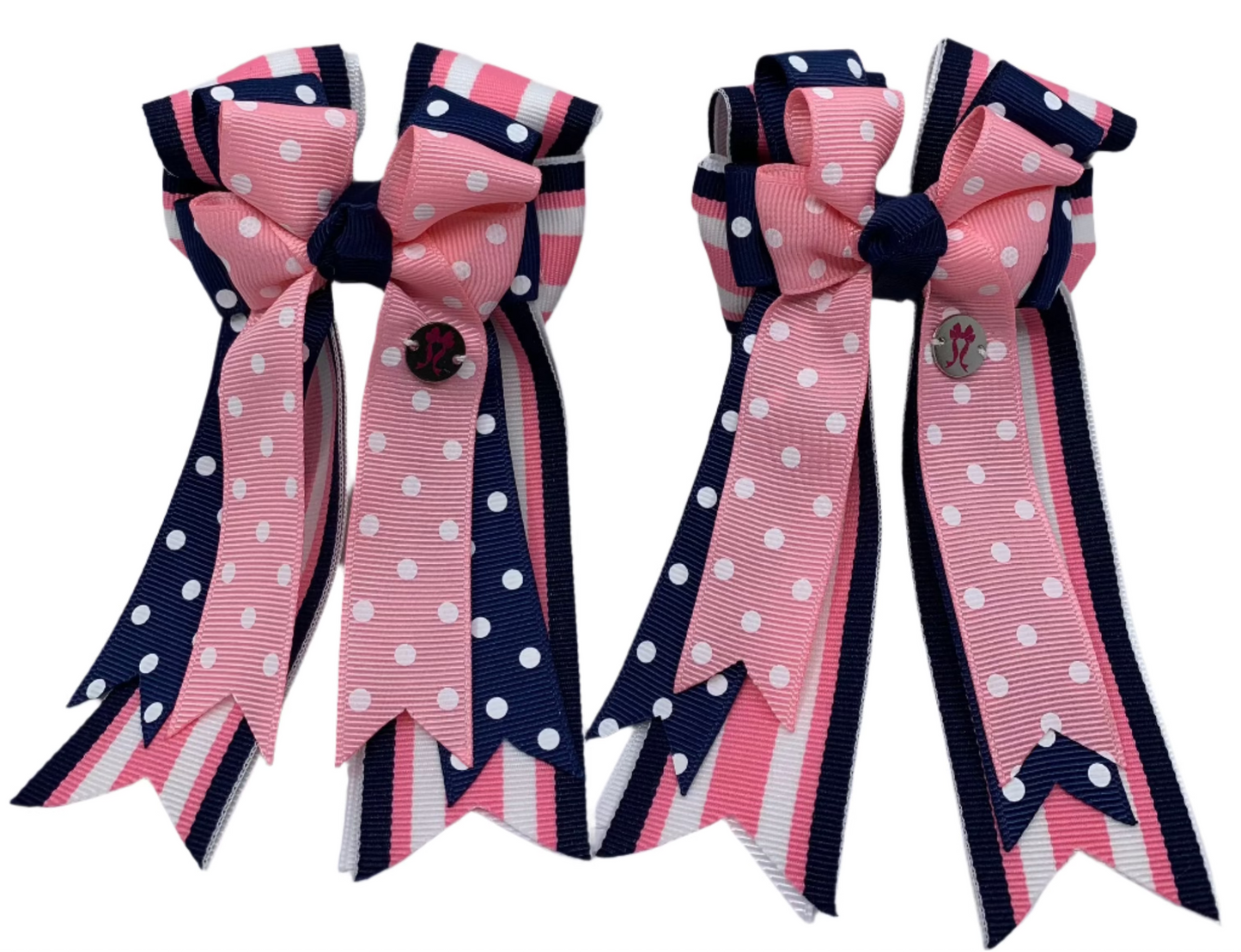 PonyTail Bows 3" Tails PonyTail Bows- Pink/Navy Polka Dots & Stripes equestrian team apparel online tack store mobile tack store custom farm apparel custom show stable clothing equestrian lifestyle horse show clothing riding clothes PonyTail Bows | Equestrian Hair Accessories horses equestrian tack store