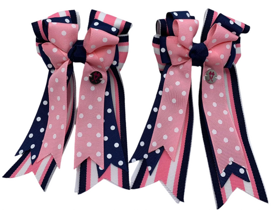 PonyTail Bows 3" Tails PonyTail Bows- Pink/Navy Polka Dots & Stripes equestrian team apparel online tack store mobile tack store custom farm apparel custom show stable clothing equestrian lifestyle horse show clothing riding clothes PonyTail Bows | Equestrian Hair Accessories horses equestrian tack store