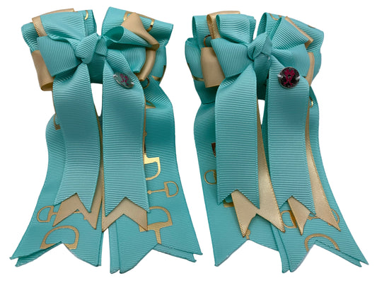 PonyTail Bows 3" Tails PonyTail Bows- Light Turquoise/Gold Bits equestrian team apparel online tack store mobile tack store custom farm apparel custom show stable clothing equestrian lifestyle horse show clothing riding clothes PonyTail Bows | Equestrian Hair Accessories horses equestrian tack store