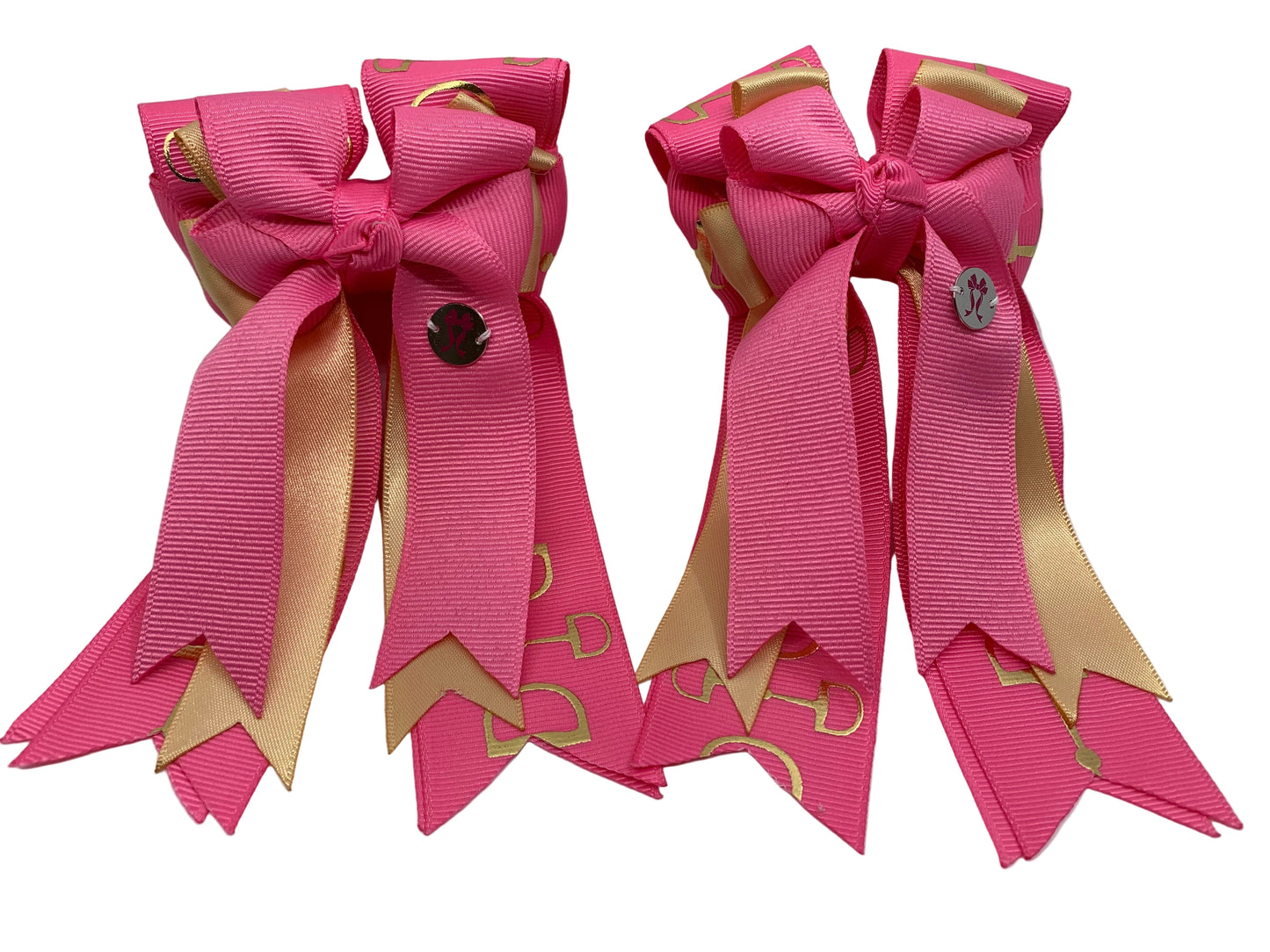 PonyTail Bows 3" Tails PonyTail Bows- Hot Pink/Gold Bits equestrian team apparel online tack store mobile tack store custom farm apparel custom show stable clothing equestrian lifestyle horse show clothing riding clothes PonyTail Bows | Equestrian Hair Accessories horses equestrian tack store