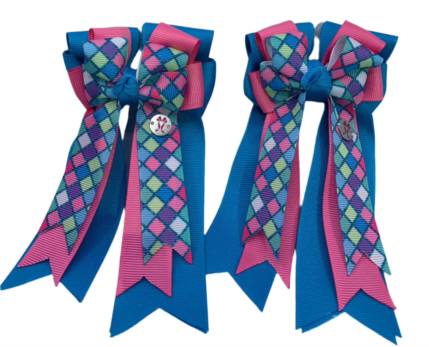 PonyTail Bows 3" Tails PonyTail Bows- Pink Blue Checker equestrian team apparel online tack store mobile tack store custom farm apparel custom show stable clothing equestrian lifestyle horse show clothing riding clothes PonyTail Bows | Equestrian Hair Accessories horses equestrian tack store