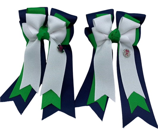 PonyTail Bows 3" Tails PonyTail Bows-  Navy/Green/White equestrian team apparel online tack store mobile tack store custom farm apparel custom show stable clothing equestrian lifestyle horse show clothing riding clothes PonyTail Bows | Equestrian Hair Accessories horses equestrian tack store