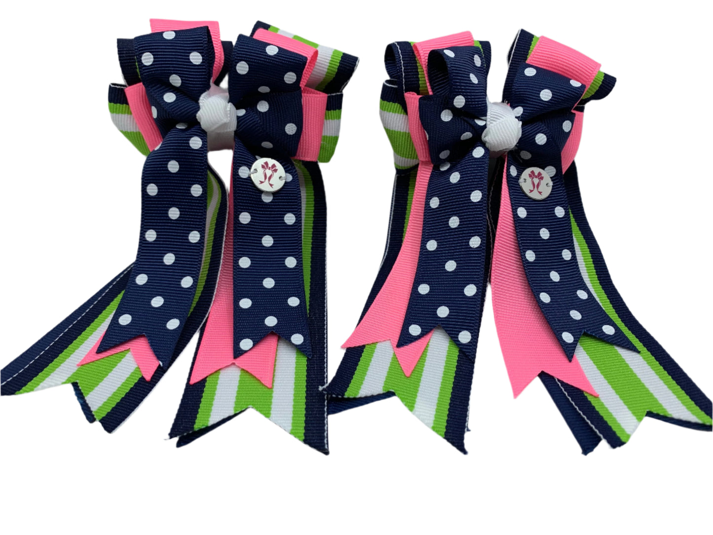 PonyTail Bows 3" Tails PonyTail Bows- Navy Green Stripes/Polka Dots equestrian team apparel online tack store mobile tack store custom farm apparel custom show stable clothing equestrian lifestyle horse show clothing riding clothes PonyTail Bows | Equestrian Hair Accessories horses equestrian tack store