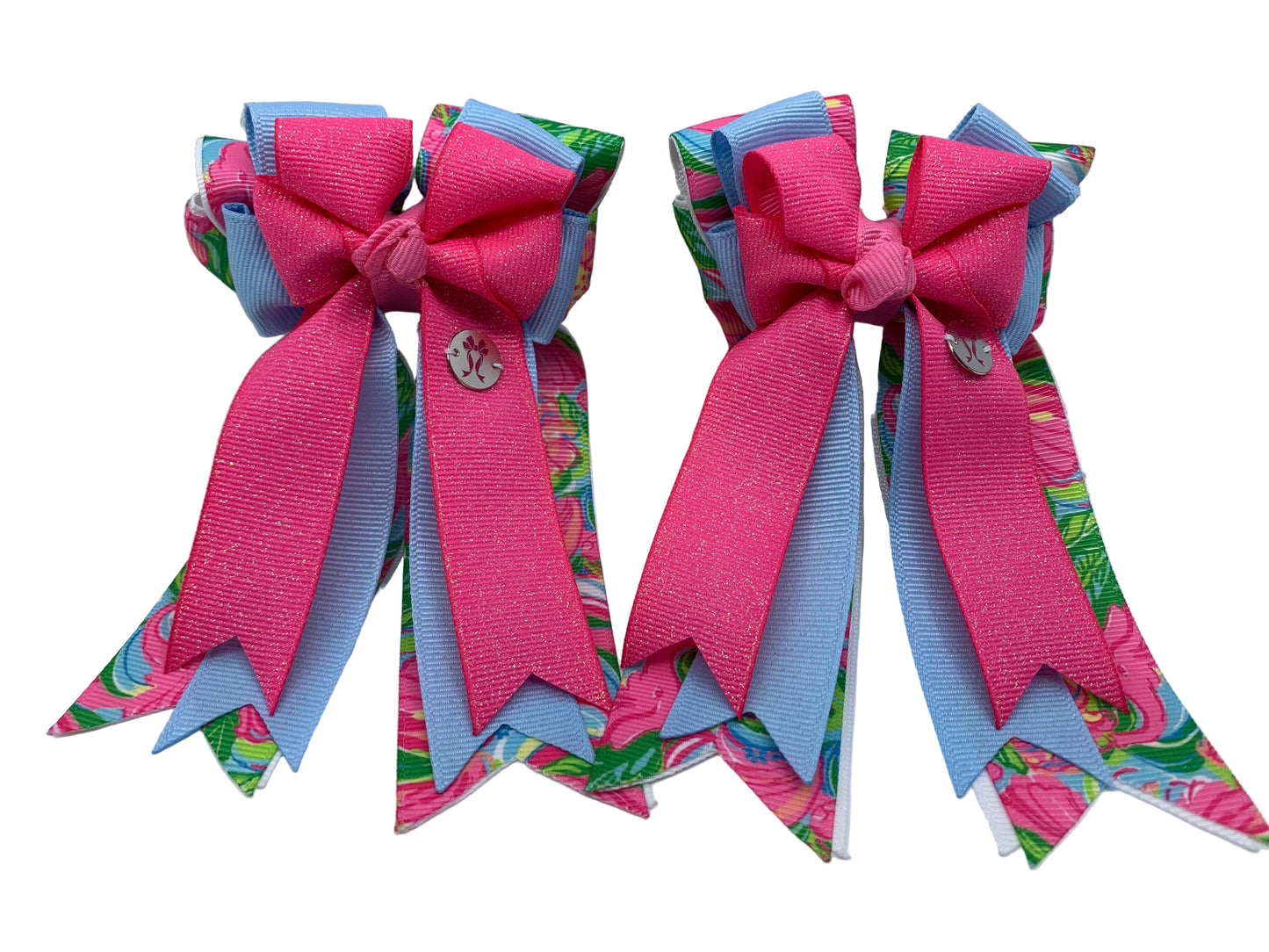 PonyTail Bows 3" Tails PonyTail Bows- Pink Glitter/Blue Spring equestrian team apparel online tack store mobile tack store custom farm apparel custom show stable clothing equestrian lifestyle horse show clothing riding clothes PonyTail Bows | Equestrian Hair Accessories horses equestrian tack store