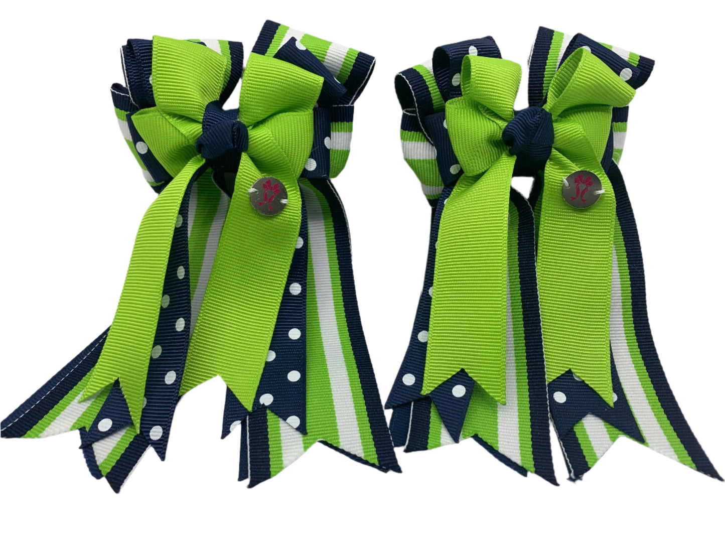 PonyTail Bows 3" Tails PonyTail Bows- Navy Polka Dots/Green equestrian team apparel online tack store mobile tack store custom farm apparel custom show stable clothing equestrian lifestyle horse show clothing riding clothes PonyTail Bows | Equestrian Hair Accessories horses equestrian tack store