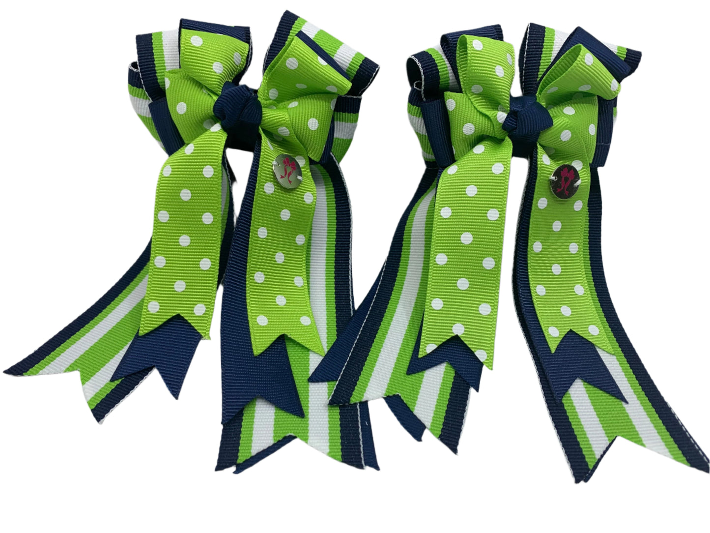 PonyTail Bows 3" Tails PonyTail Bows- Green Polka Dots/Navy equestrian team apparel online tack store mobile tack store custom farm apparel custom show stable clothing equestrian lifestyle horse show clothing riding clothes PonyTail Bows | Equestrian Hair Accessories horses equestrian tack store