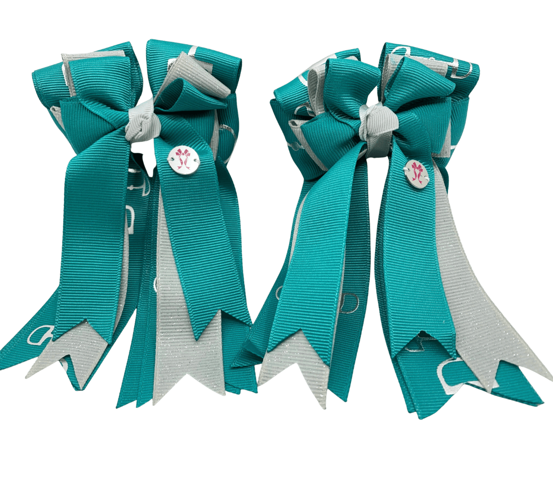 Ponytail Bows Online 3" Tails PonyTail Bows- Teal/Grey Bits equestrian team apparel online tack store mobile tack store custom farm apparel custom show stable clothing equestrian lifestyle horse show clothing riding clothes PonyTail Bows- Teal/Grey Bits horses equestrian tack store