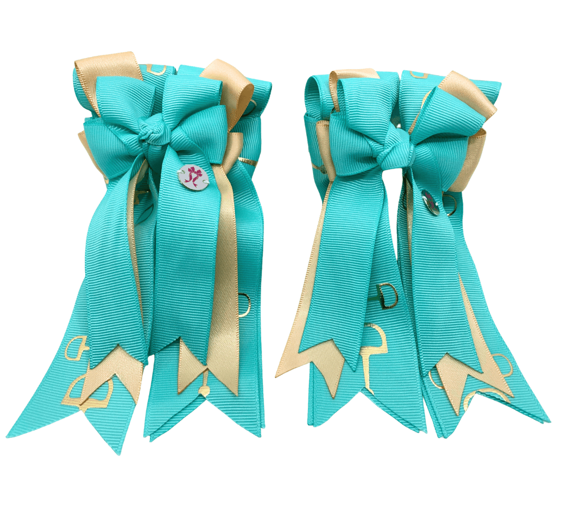 Ponytail Bows Online 3" Tails PonyTail Bows- Light Turquoise/Gold Bits equestrian team apparel online tack store mobile tack store custom farm apparel custom show stable clothing equestrian lifestyle horse show clothing riding clothes PonyTail Bows- Light Turquoise/Gold Bits horses equestrian tack store