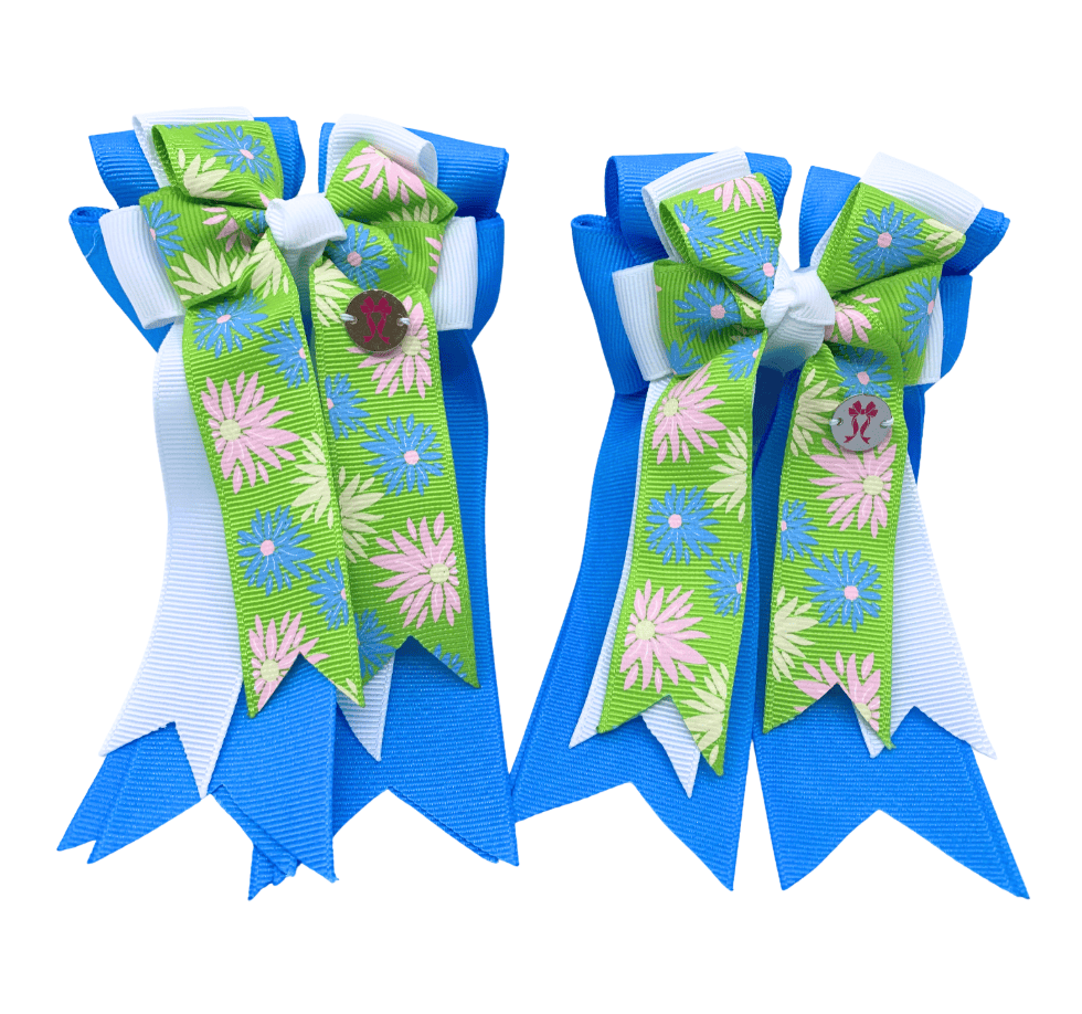 Ponytail Bows Online 3" Tails PonyTail Bows- Ocean Blue/Green Spring Flowers equestrian team apparel online tack store mobile tack store custom farm apparel custom show stable clothing equestrian lifestyle horse show clothing riding clothes PonyTail Bows- Ocean Blue/Green Spring Flowers horses equestrian tack store
