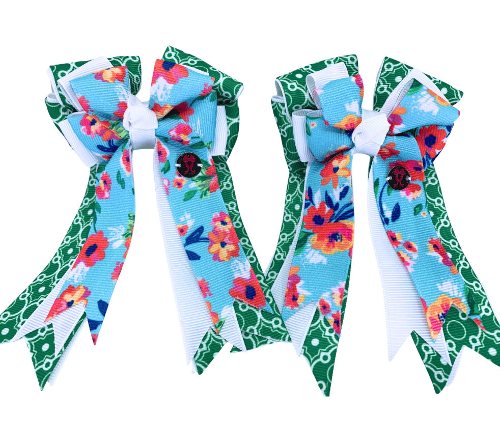 Ponytail Bows Online 3" Tails PonyTail Bows- Blue Floral on Green Motifs equestrian team apparel online tack store mobile tack store custom farm apparel custom show stable clothing equestrian lifestyle horse show clothing riding clothes PonyTail Bows- Blue Floral on Green Motifs horses equestrian tack store