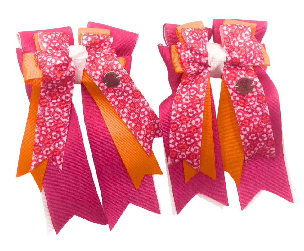 Ponytail Bows Online 3" Tails Pink Flowers/Orange PonyTail Bows equestrian team apparel online tack store mobile tack store custom farm apparel custom show stable clothing equestrian lifestyle horse show clothing riding clothes Pink Flowers/Orange PonyTail Bows horses equestrian tack store
