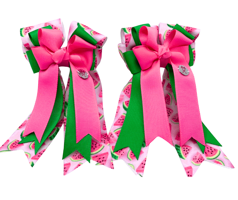 Ponytail Bows Online 3" Tails PonyTail Bows- Pink Green Watermelons equestrian team apparel online tack store mobile tack store custom farm apparel custom show stable clothing equestrian lifestyle horse show clothing riding clothes PonyTail Bows- Pink Green Watermelons horses equestrian tack store