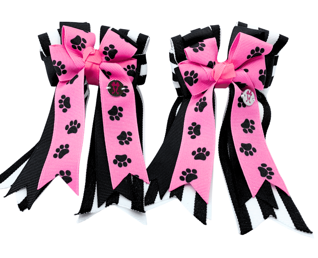 Ponytail Bows Online 3" Tails PonyTail Bows- Pink Paws/Stripe equestrian team apparel online tack store mobile tack store custom farm apparel custom show stable clothing equestrian lifestyle horse show clothing riding clothes PonyTail Bows- Pink Paws/Stripe horses equestrian tack store