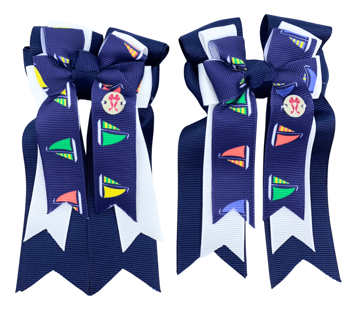 Ponytail Bows Online 3" Tails PonyTail Bows- Sailboats Navy equestrian team apparel online tack store mobile tack store custom farm apparel custom show stable clothing equestrian lifestyle horse show clothing riding clothes PonyTail Bows- Sailboats Navy horses equestrian tack store