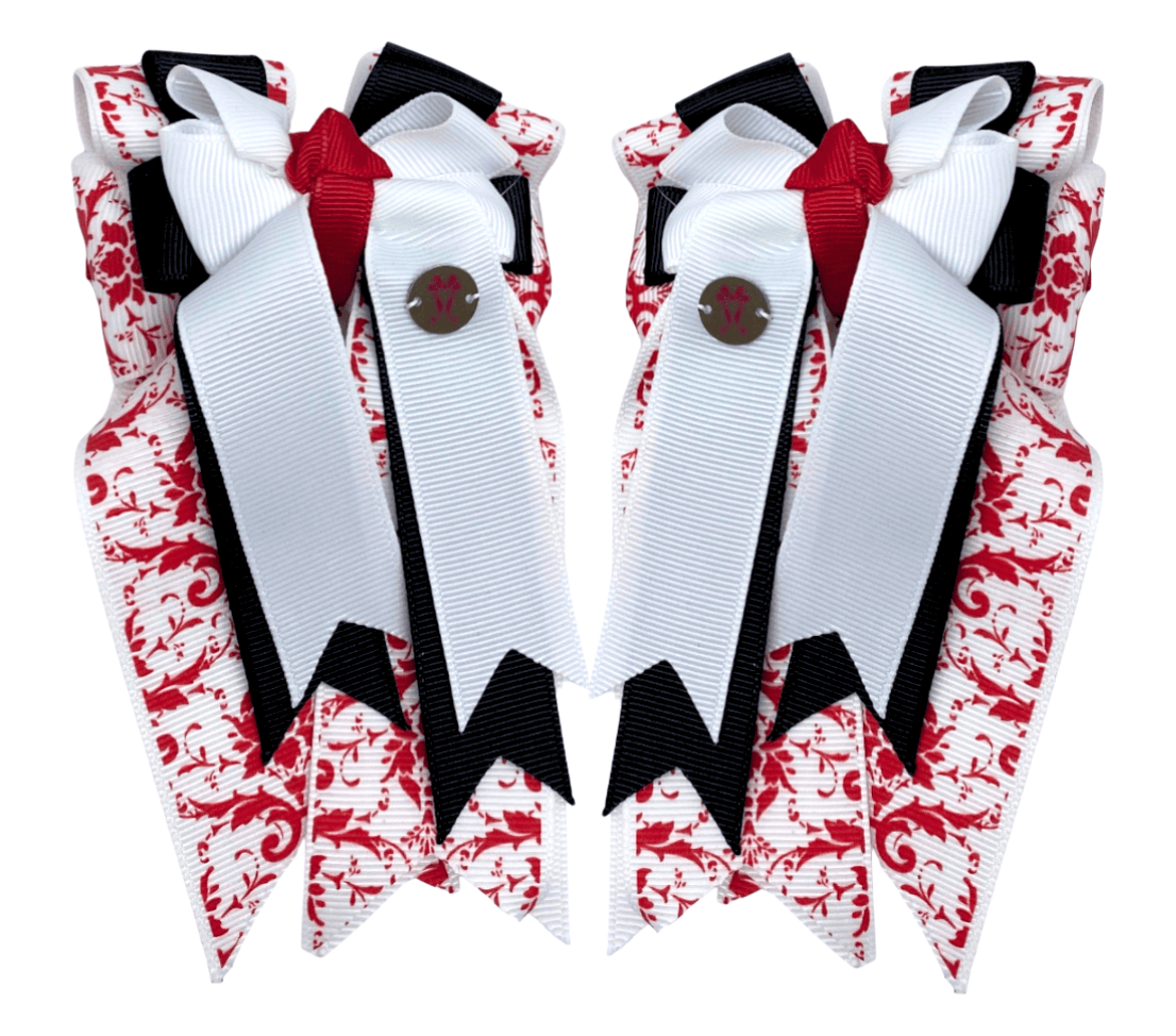 Ponytail Bows Online 3" Tails Red Demask White PonyTail Bows equestrian team apparel online tack store mobile tack store custom farm apparel custom show stable clothing equestrian lifestyle horse show clothing riding clothes Red Demask White PonyTail Bows horses equestrian tack store