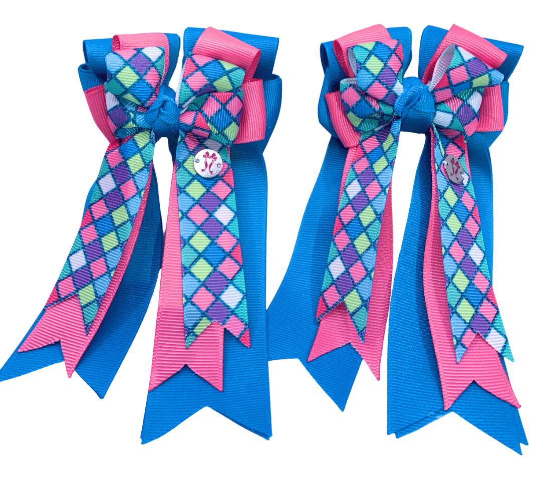 Ponytail Bows Online 3" Tails PonyTail Bows- Pink Blue Checker equestrian team apparel online tack store mobile tack store custom farm apparel custom show stable clothing equestrian lifestyle horse show clothing riding clothes PonyTail Bows- Pink Blue Checker horses equestrian tack store