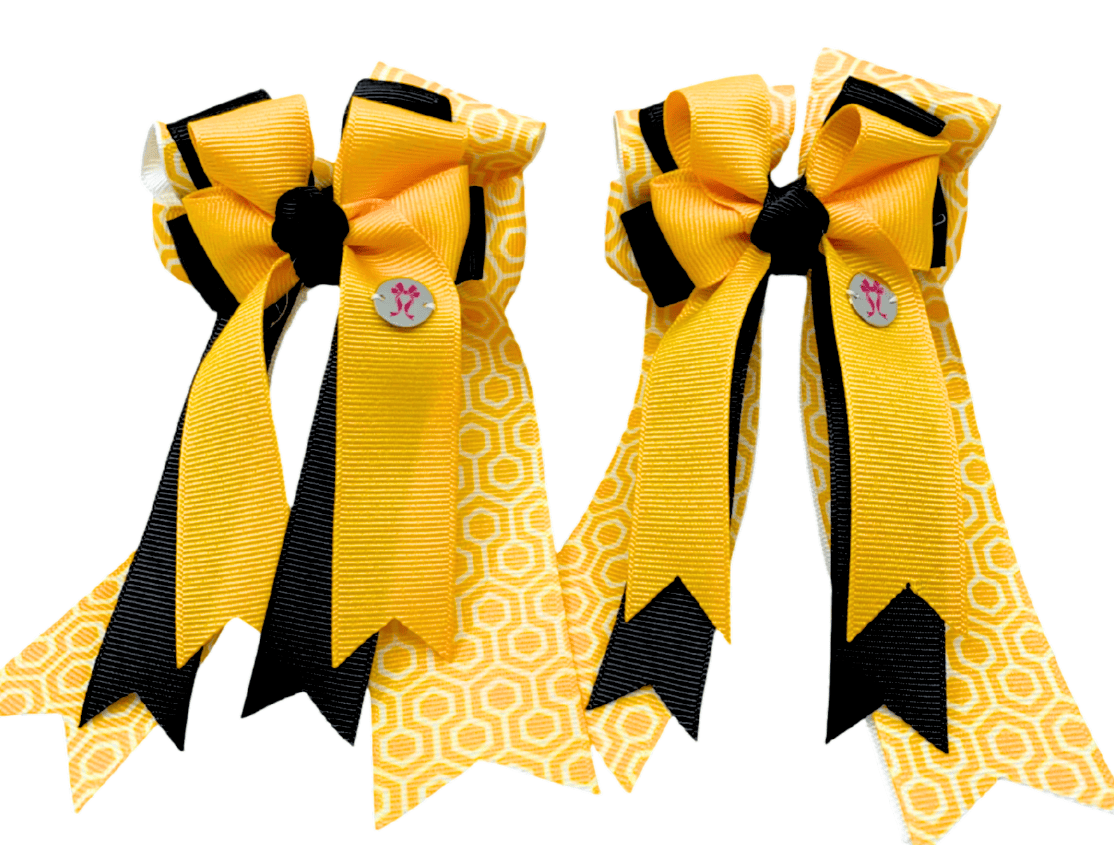 Ponytail Bows Online 3" Tails PonyTail Bows- Honeycomb (Gold/Black) equestrian team apparel online tack store mobile tack store custom farm apparel custom show stable clothing equestrian lifestyle horse show clothing riding clothes PonyTail Bows- Honeycomb (Gold/Black) horses equestrian tack store