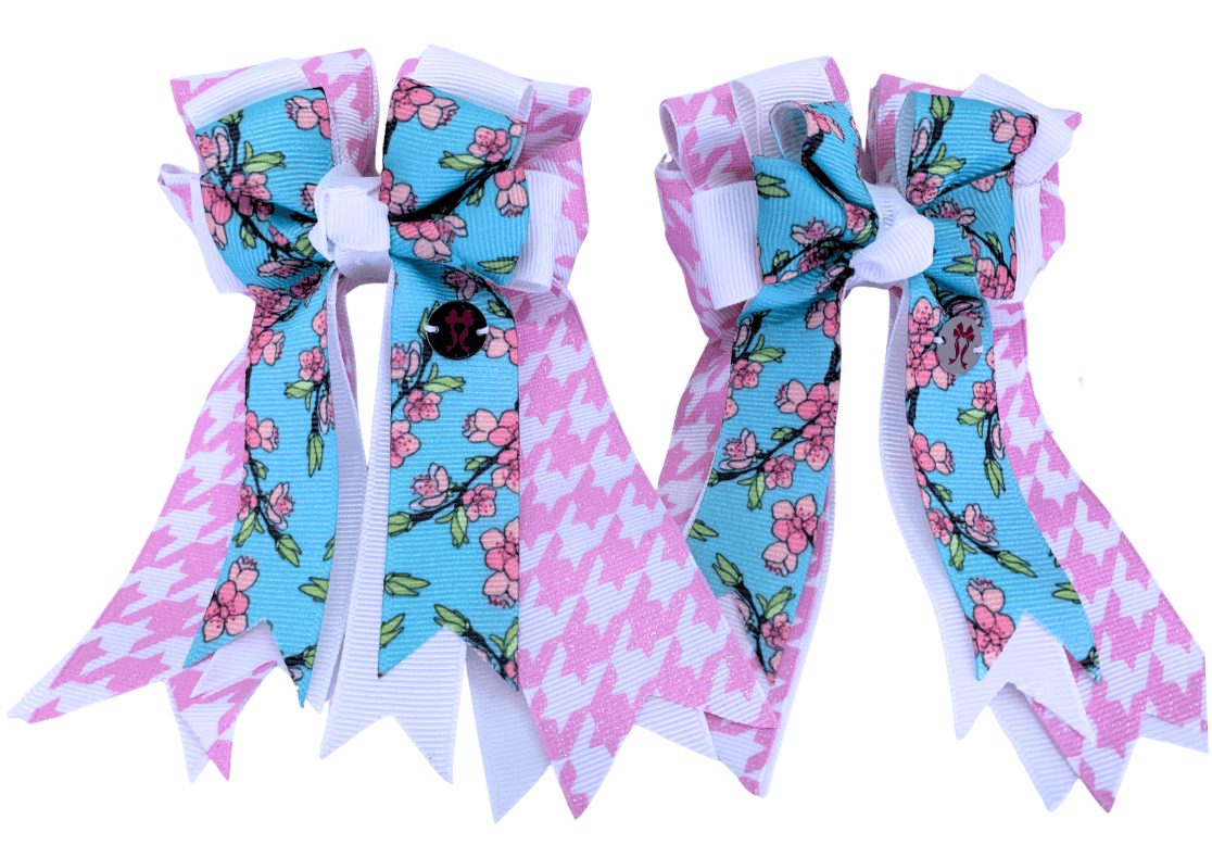 Ponytail Bows Online 3" Tails PonyTail Bows- Cherry Blossoms Pink Houndstooth equestrian team apparel online tack store mobile tack store custom farm apparel custom show stable clothing equestrian lifestyle horse show clothing riding clothes PonyTail Bows- Cherry Blossoms Pink Houndstooth horses equestrian tack store