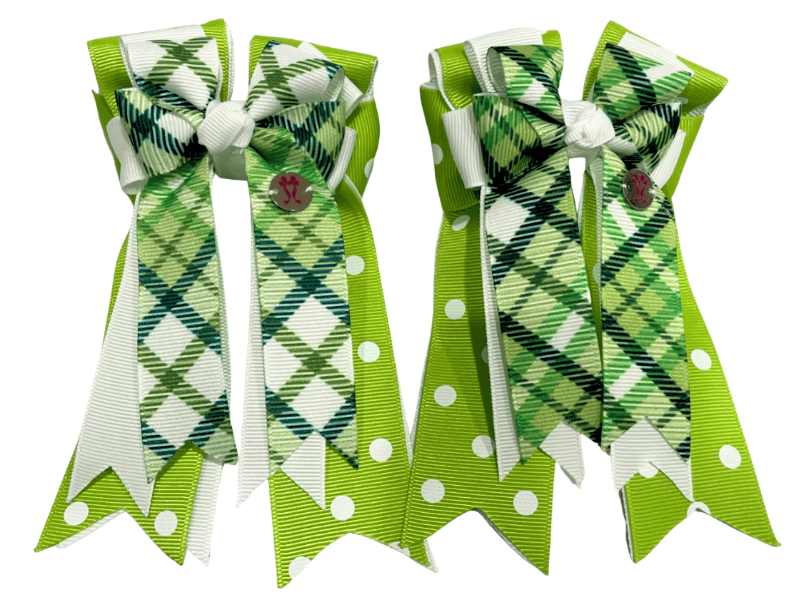 Ponytail Bows Online 3" Tails Plaid and Polka Green PonyTail Bows equestrian team apparel online tack store mobile tack store custom farm apparel custom show stable clothing equestrian lifestyle horse show clothing riding clothes Plaid and Polka Green PonyTail Bows horses equestrian tack store