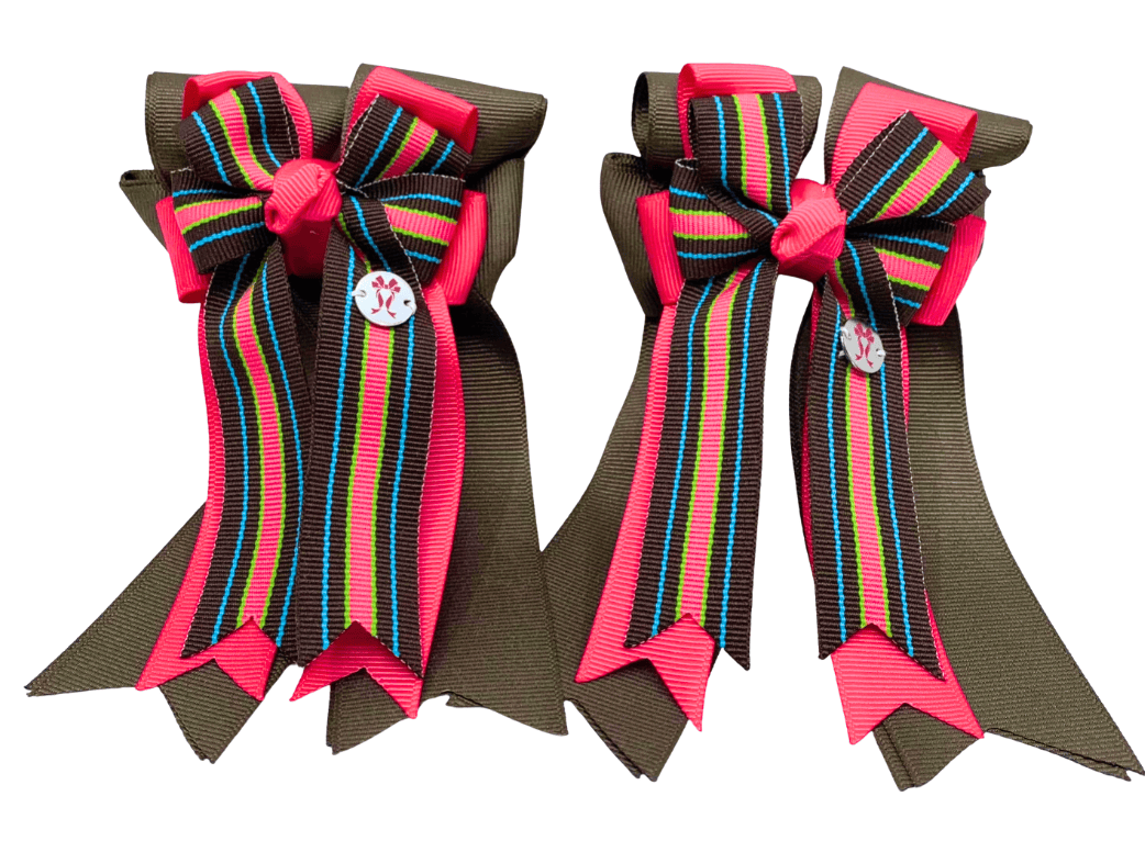 Ponytail Bows Online 3" Tails PonyTail Bows- Chocolate Pink Stripes equestrian team apparel online tack store mobile tack store custom farm apparel custom show stable clothing equestrian lifestyle horse show clothing riding clothes PonyTail Bows- Chocolate Pink Stripes horses equestrian tack store
