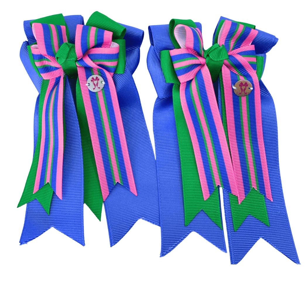 Ponytail Bows Online 3" Tails PonyTail Bows- Pink Stripe Green Blue equestrian team apparel online tack store mobile tack store custom farm apparel custom show stable clothing equestrian lifestyle horse show clothing riding clothes PonyTail Bows- Pink Stripe Green Blue horses equestrian tack store