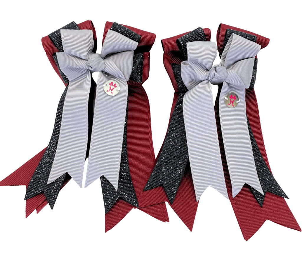 Ponytail Bows Online 3" Tails PonyTail Bows- Cabernet/Black Glitter/Silver equestrian team apparel online tack store mobile tack store custom farm apparel custom show stable clothing equestrian lifestyle horse show clothing riding clothes PonyTail Bows- Cabernet/Black Glitter/Silver horses equestrian tack store