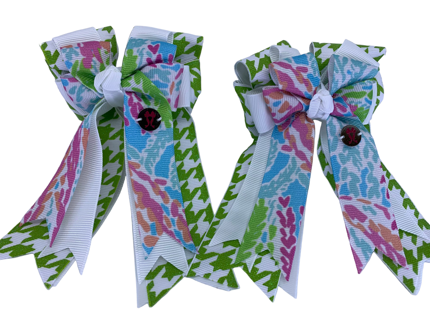 PonyTail Bows 3" Tails PonyTail Bows- Coral Reef/Green Houndstooth equestrian team apparel online tack store mobile tack store custom farm apparel custom show stable clothing equestrian lifestyle horse show clothing riding clothes PonyTail Bows | Equestrian Hair Accessories horses equestrian tack store