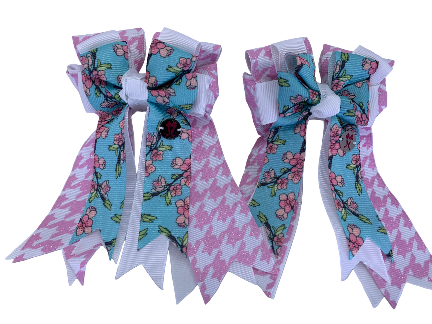 PonyTail Bows 3" Tails PonyTail Bows- Cherry Blossoms Pink Houndstooth equestrian team apparel online tack store mobile tack store custom farm apparel custom show stable clothing equestrian lifestyle horse show clothing riding clothes PonyTail Bows | Equestrian Hair Accessories horses equestrian tack store