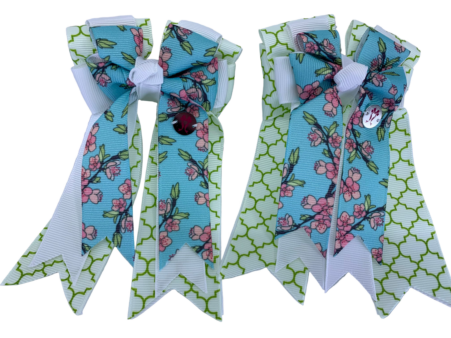PonyTail Bows 3" Tails PonyTail Bows- Cherry Blossoms Green Victorian Motifs equestrian team apparel online tack store mobile tack store custom farm apparel custom show stable clothing equestrian lifestyle horse show clothing riding clothes PonyTail Bows | Equestrian Hair Accessories horses equestrian tack store