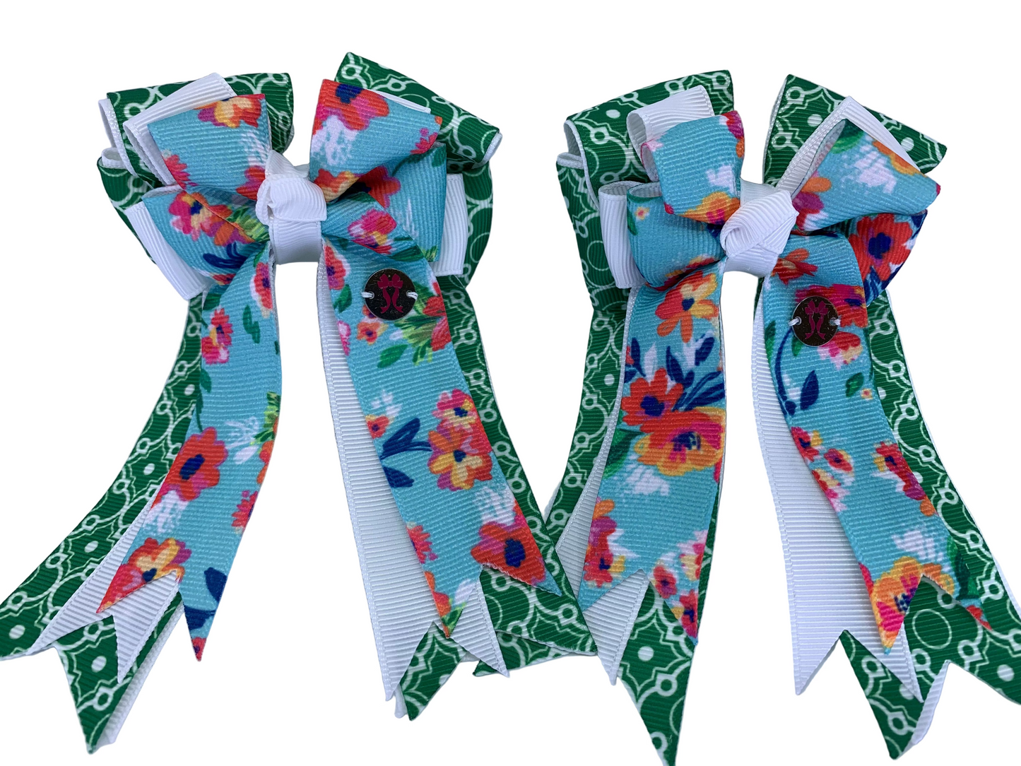 PonyTail Bows 3" Tails PonyTail Bows- Blue Floral on Green Motifs equestrian team apparel online tack store mobile tack store custom farm apparel custom show stable clothing equestrian lifestyle horse show clothing riding clothes PonyTail Bows | Equestrian Hair Accessories horses equestrian tack store